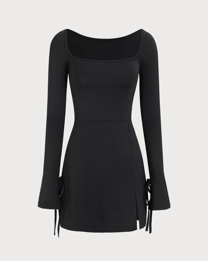Vestido Mini Negro de Cuello Cuadrado y Manga Larga para Mujeres