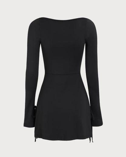 Vestido Mini Negro de Cuello Cuadrado y Manga Larga para Mujeres
