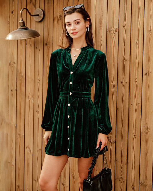 Vestido Mini de Manga Farol en Terciopelo Verde