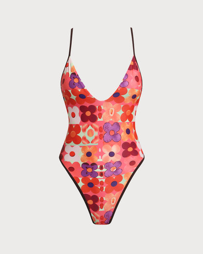Bañador de Una Pieza con Corsé Floral Rojo