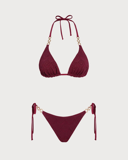 Conjunto de Bikini Reversible con Tirantes y Cuerda en Rojo Ladrillo