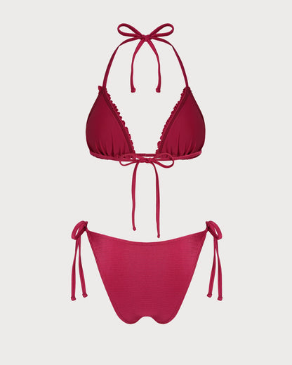 Conjunto de Bikini Triangular Rizado Rojo con Halter