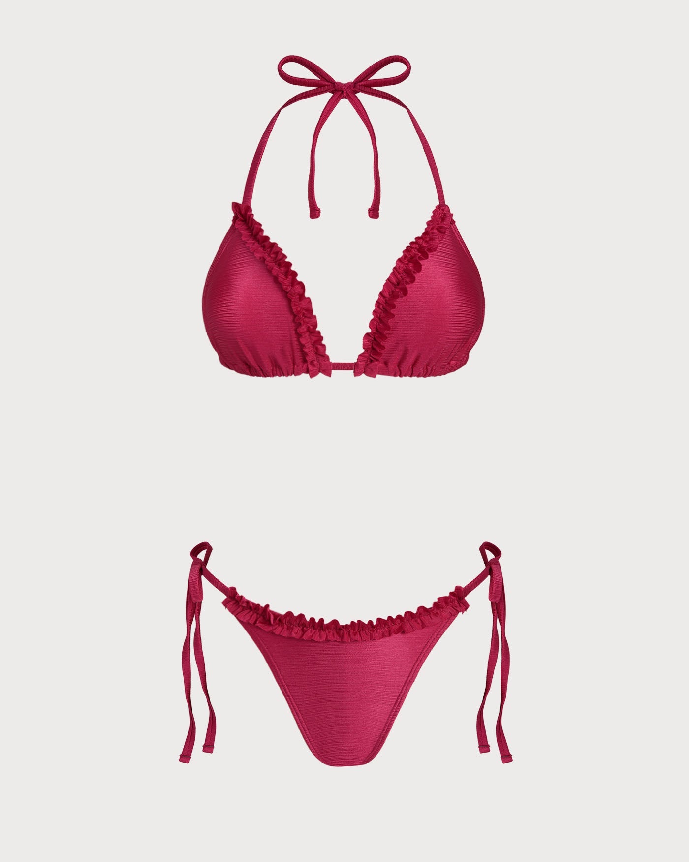 Conjunto de Bikini Triangular Rizado Rojo con Halter