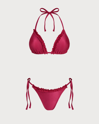 Conjunto de Bikini Triangular Rizado Rojo con Halter