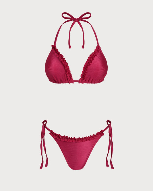 Conjunto de Bikini Triangular Rizado Rojo con Halter