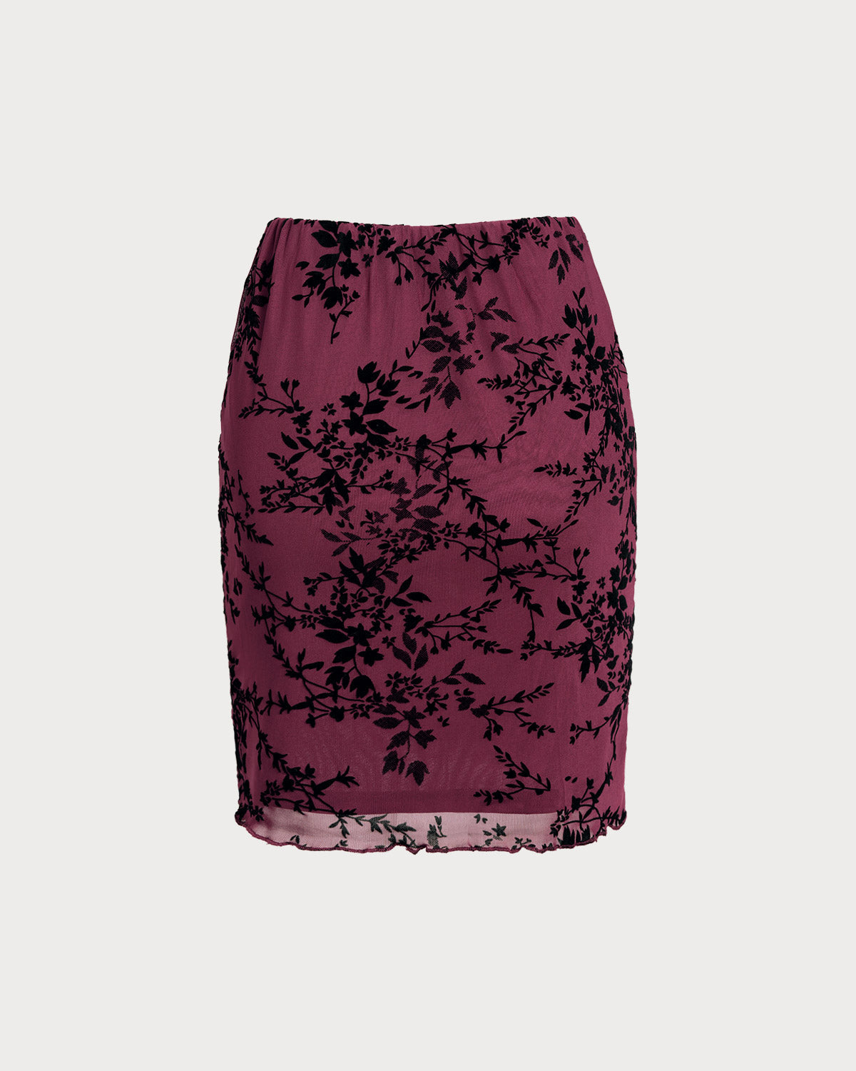Falda Mini Floral de Cintura Elástica Color Rojo Vino