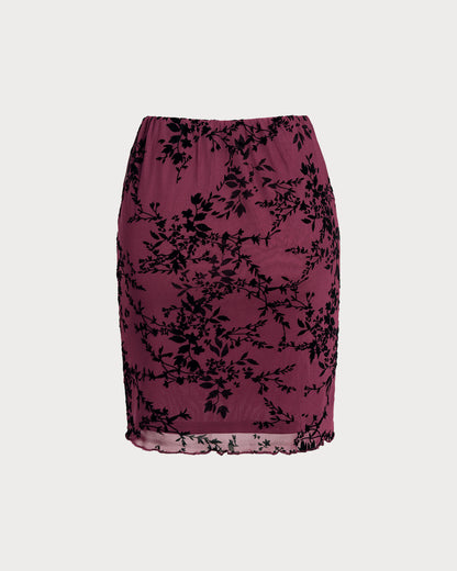 Falda Mini Floral de Cintura Elástica Color Rojo Vino