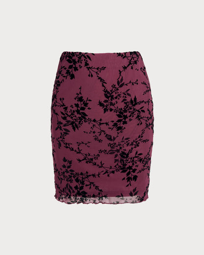Falda Mini Floral de Cintura Elástica Color Rojo Vino