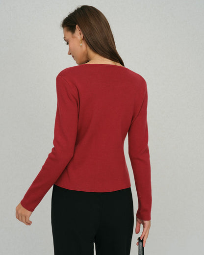 Cárdigan Rojo de Cuello Cuadrado y Botones