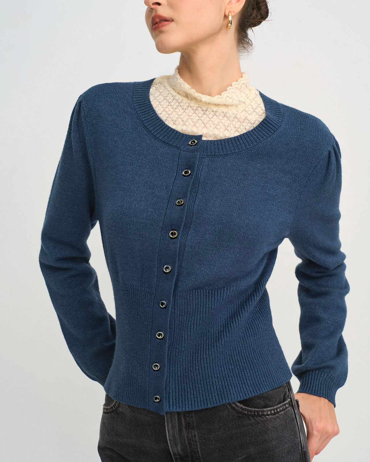 Cárdigan Ajustado de Punto con Cuello Redondo Azul