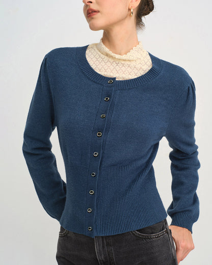Cárdigan Ajustado de Punto con Cuello Redondo Azul