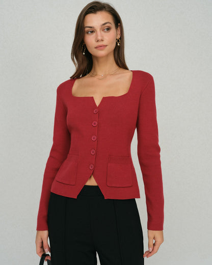 Cárdigan Rojo de Cuello Cuadrado y Botones