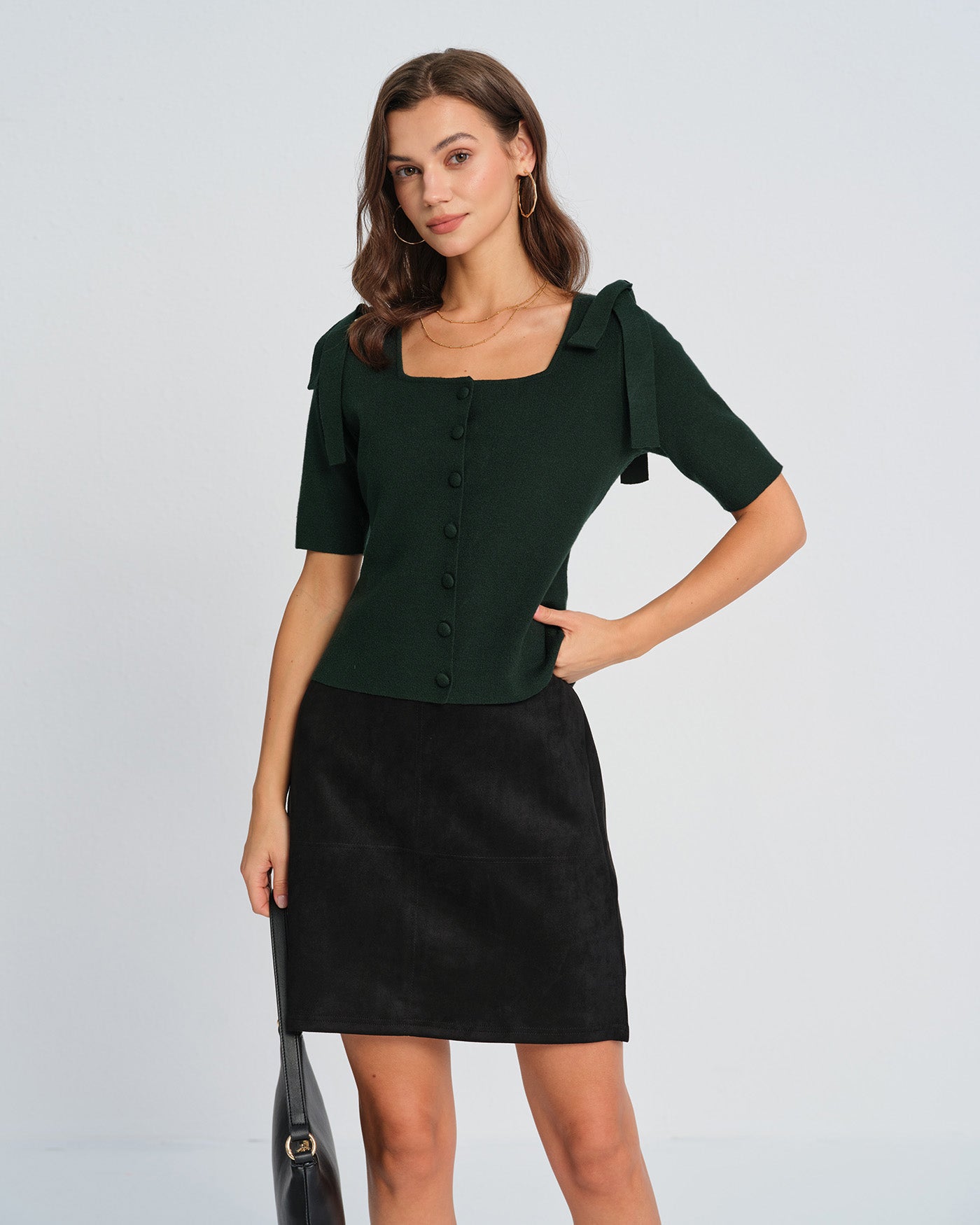 Cardigan de Punto con Cuello Cuadrado y Lazo Verde