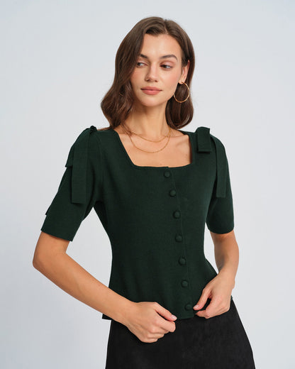 Cardigan de Punto con Cuello Cuadrado y Lazo Verde