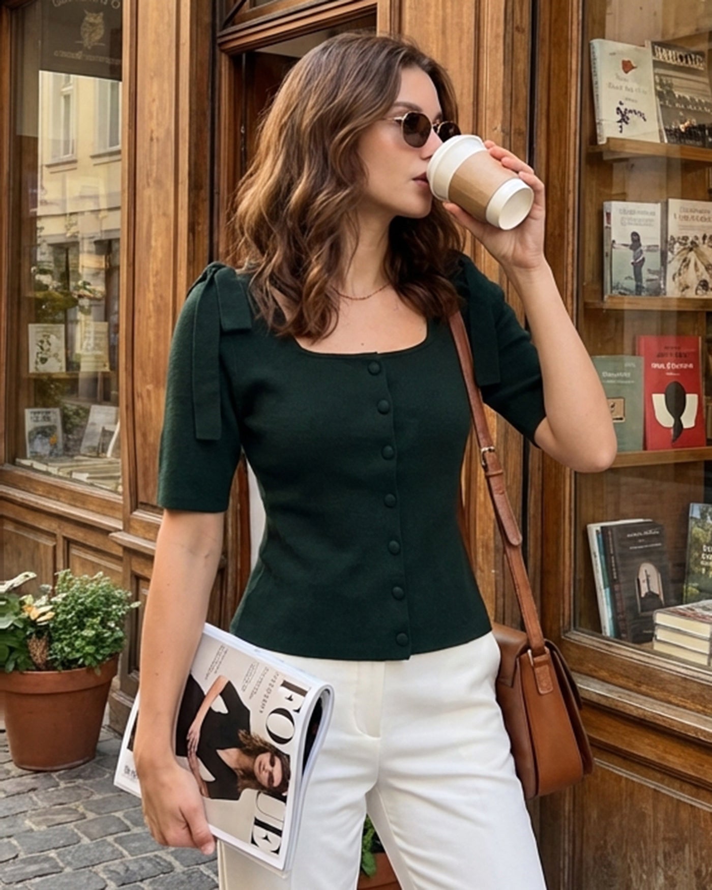 Cardigan de Punto con Cuello Cuadrado y Lazo Verde