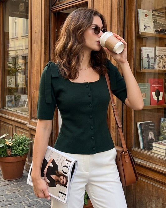 Cardigan de Punto con Cuello Cuadrado y Lazo Verde