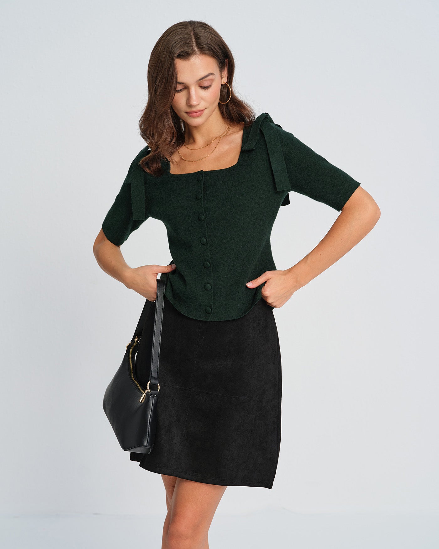Cardigan de Punto con Cuello Cuadrado y Lazo Verde