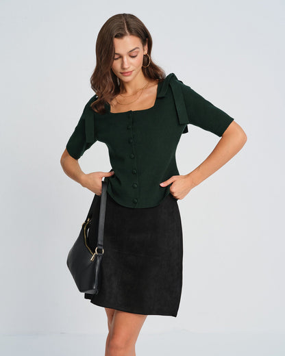 Cardigan de Punto con Cuello Cuadrado y Lazo Verde