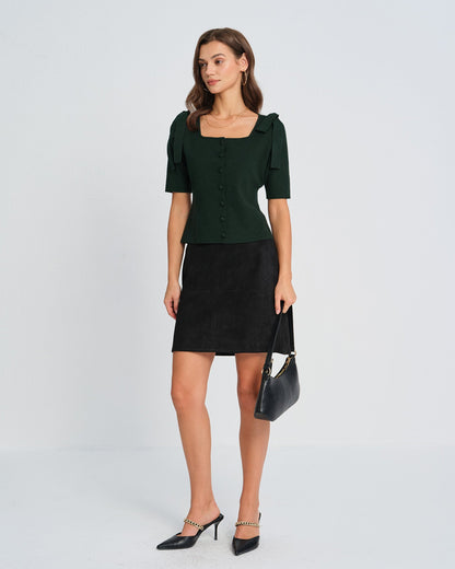 Cardigan de Punto con Cuello Cuadrado y Lazo Verde