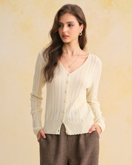 Cárdigan Slim de Punto con Cuello en V Beige