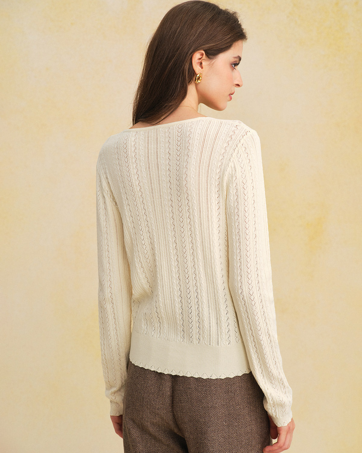 Cárdigan Slim de Punto con Cuello en V Beige