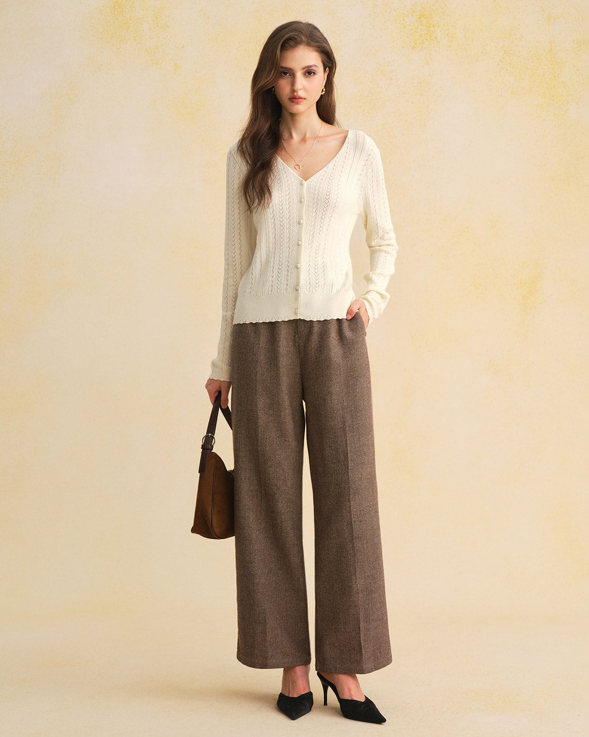Cárdigan Slim de Punto con Cuello en V Beige