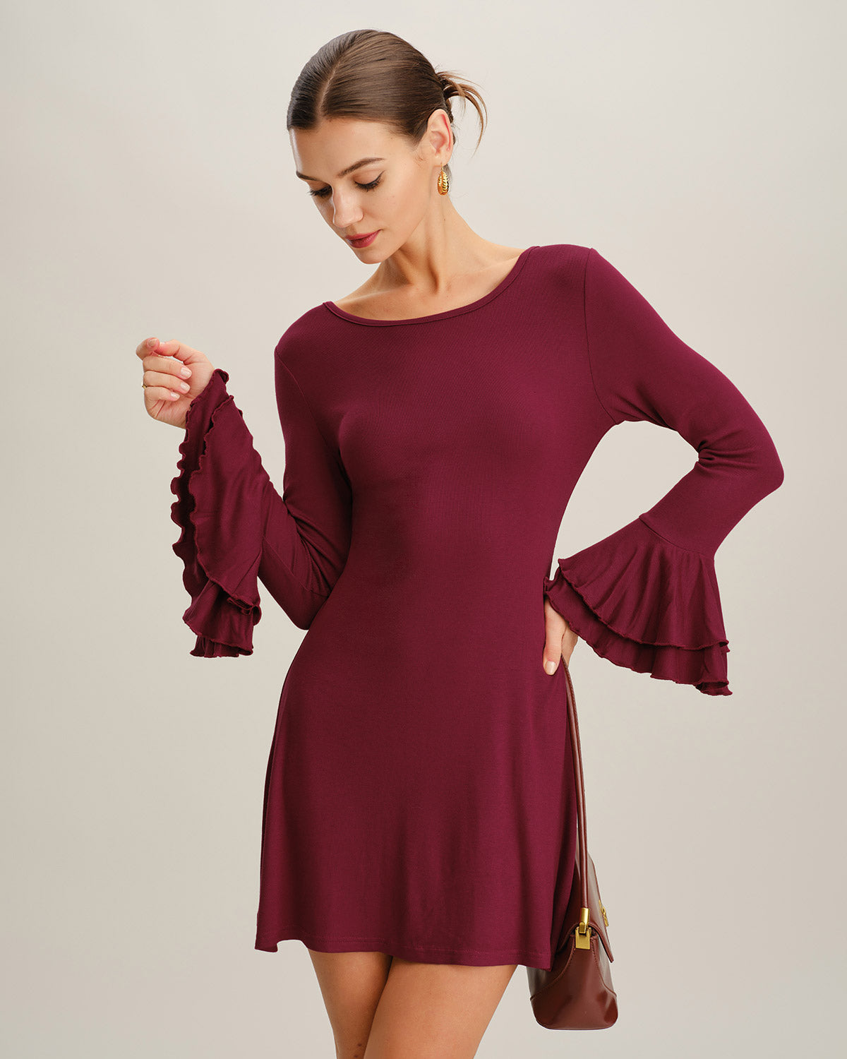Vestido Mini A-Line con Volantes Color Rojo Vino