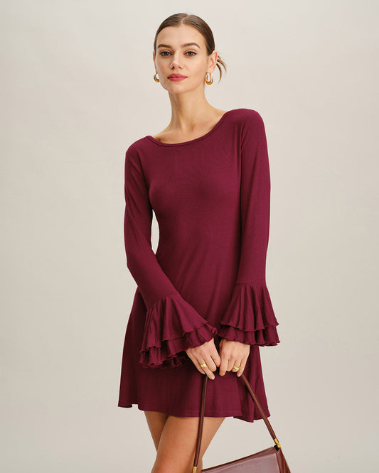 Vestido Mini A-Line con Volantes Color Rojo Vino