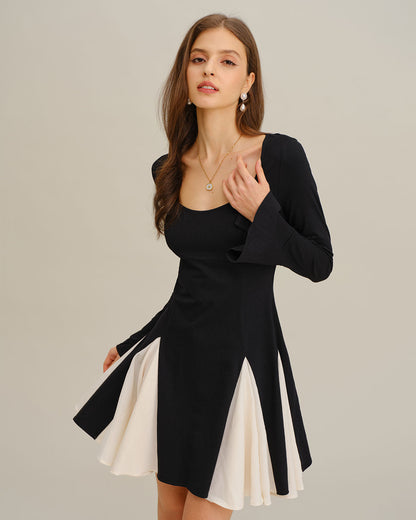 Vestido Mini de Manga de Campana en Color Contraste