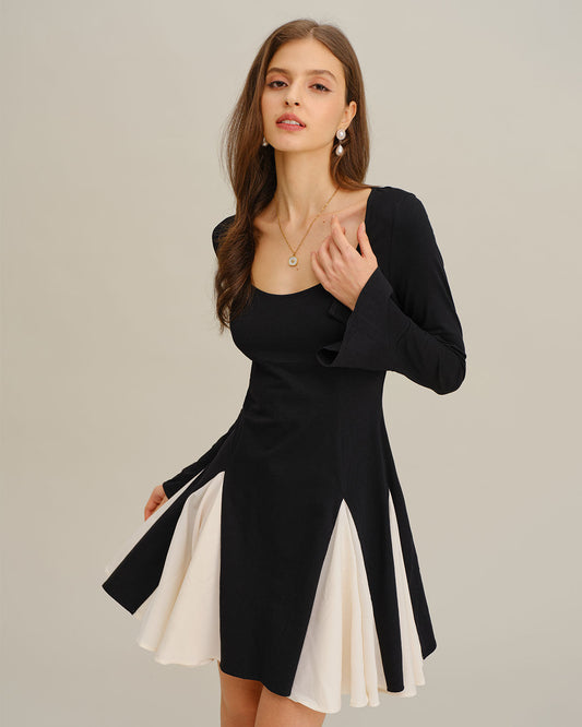 Vestido Mini de Manga de Campana en Color Contraste