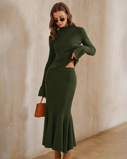 Falda Midi de Punto Verde con Corte de Sirena