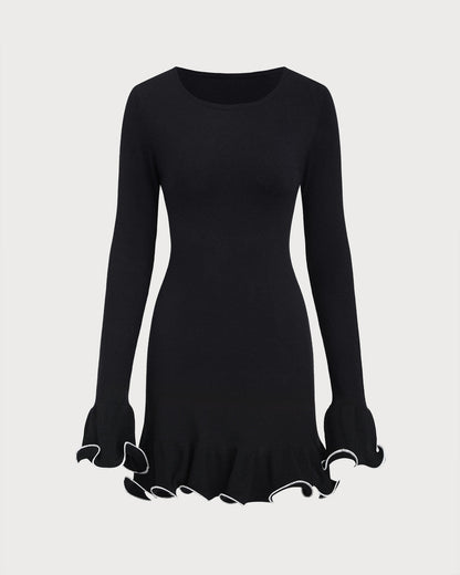 Vestido de Suéter de Punto con Manga de Campana en Contraste Negro