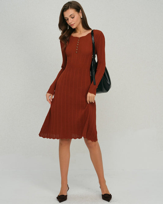 Vestido de Suéter A-Line con Volantes Marrón