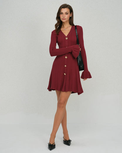 Vestido de Suéter Viscosa con Mangas de Campana Color Rojo Vino