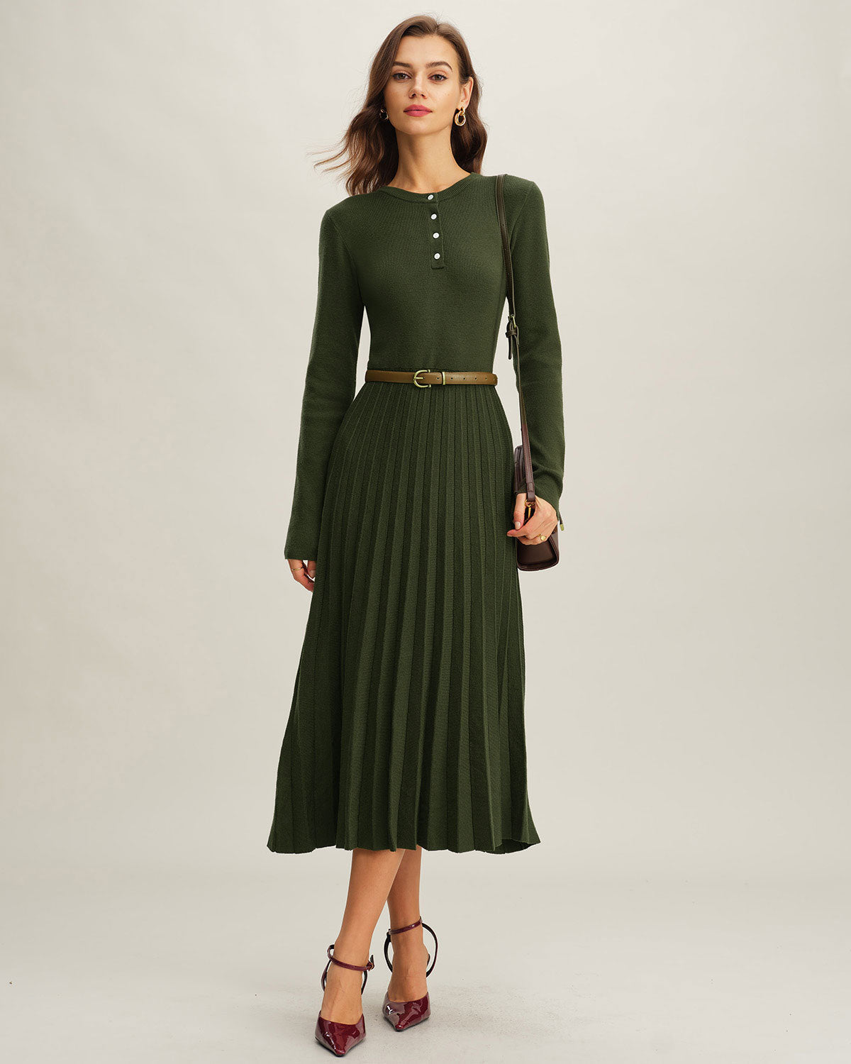 Vestido de Suéter Plisado Verde de Cuello Redondo