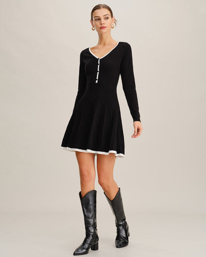 Vestido de Suéter con Botones y Cuello en V Negro con Contraste