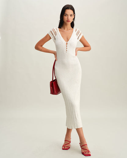 Vestido de Suéter Bodycon de Croché Blanco