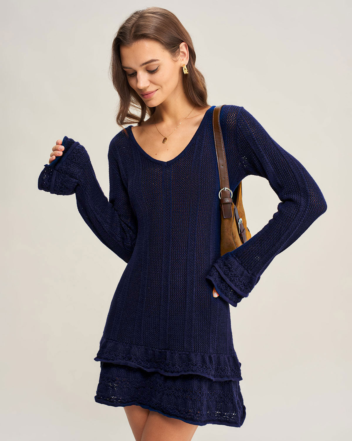 Vestido Suéter A-Line de Cuello en V Marino