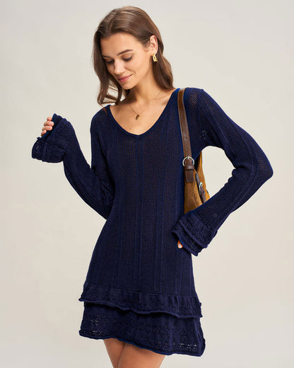 Vestido Suéter A-Line de Cuello en V Marino