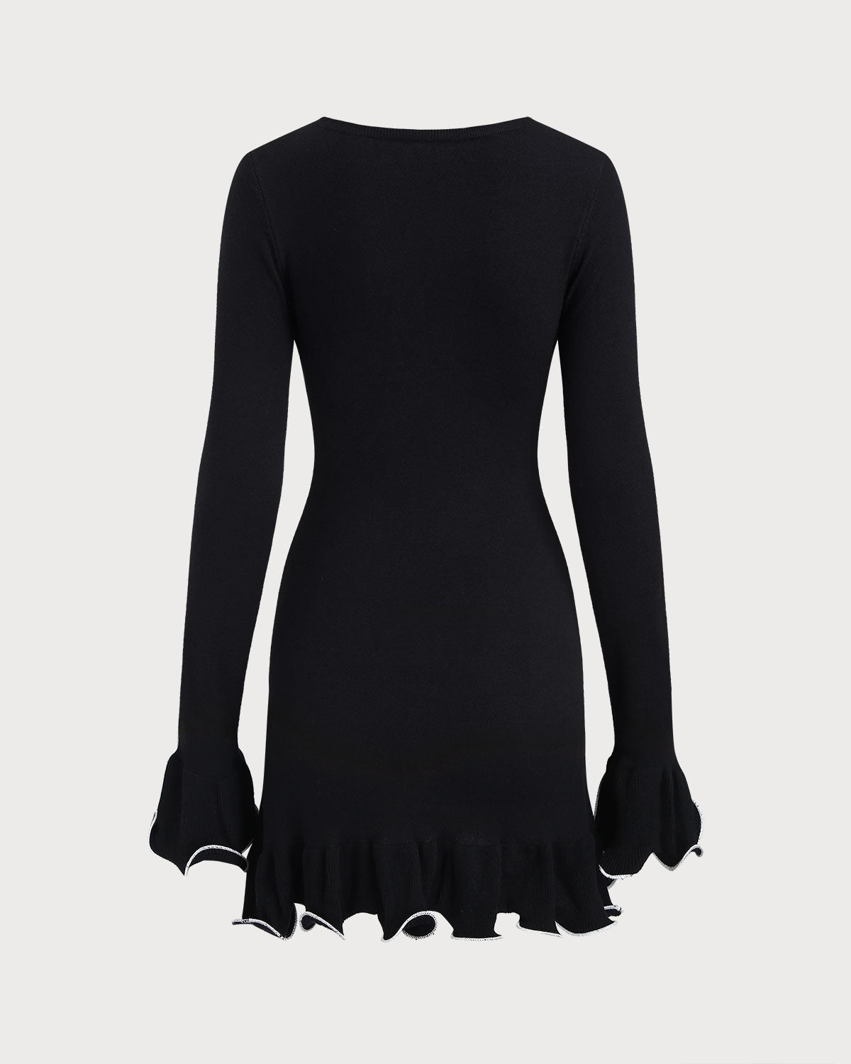 Vestido de Suéter de Punto con Manga de Campana en Contraste Negro