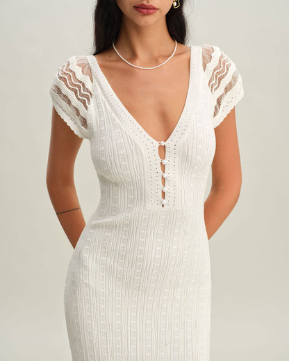 Vestido de Suéter Bodycon de Croché Blanco