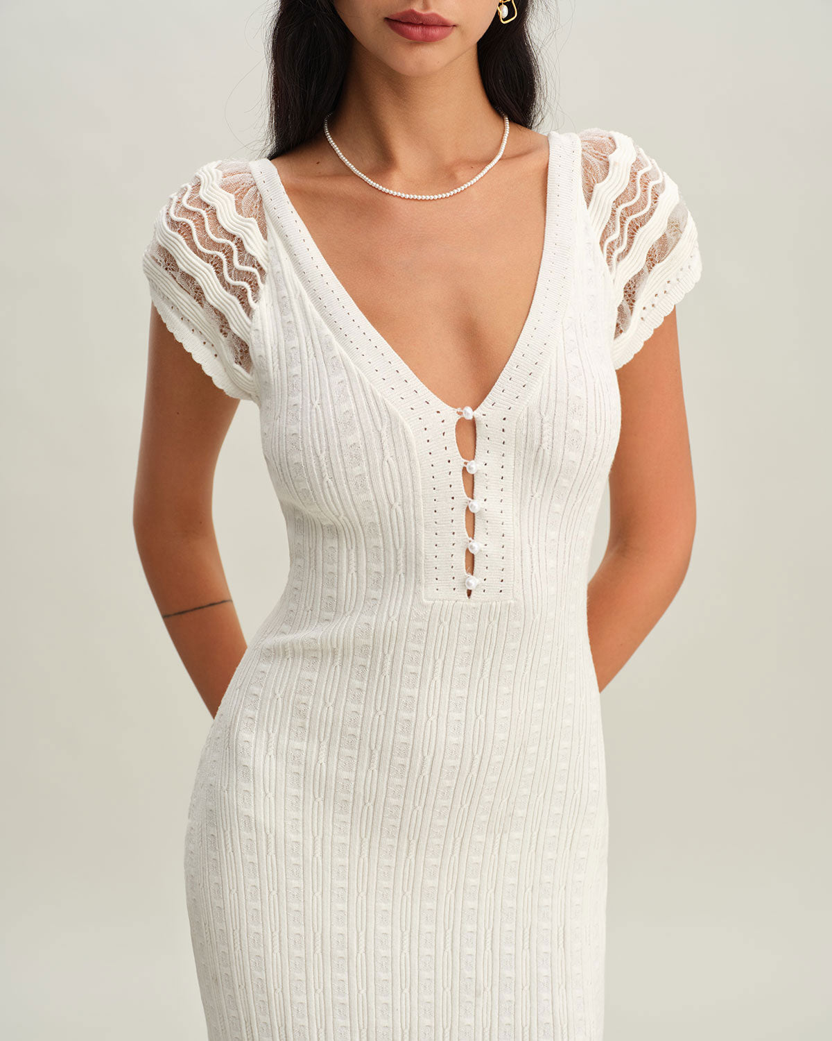 Vestido de Suéter Ajustado de Ganchillo Blanco