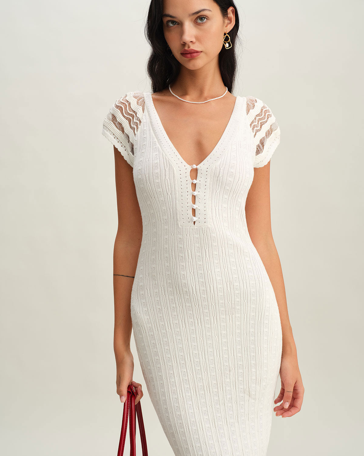 Vestido de Suéter Bodycon de Croché Blanco