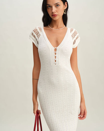 Vestido de Suéter Ajustado de Ganchillo Blanco