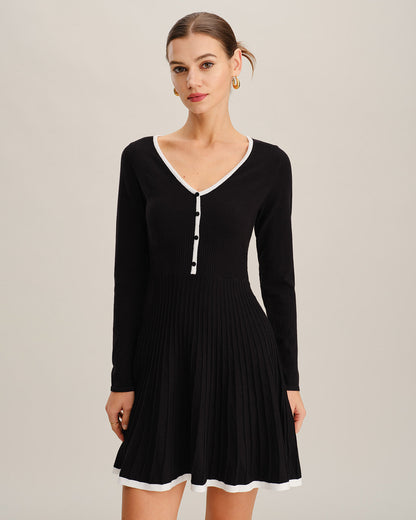 Vestido de Suéter con Botones y Cuello en V Negro con Contraste