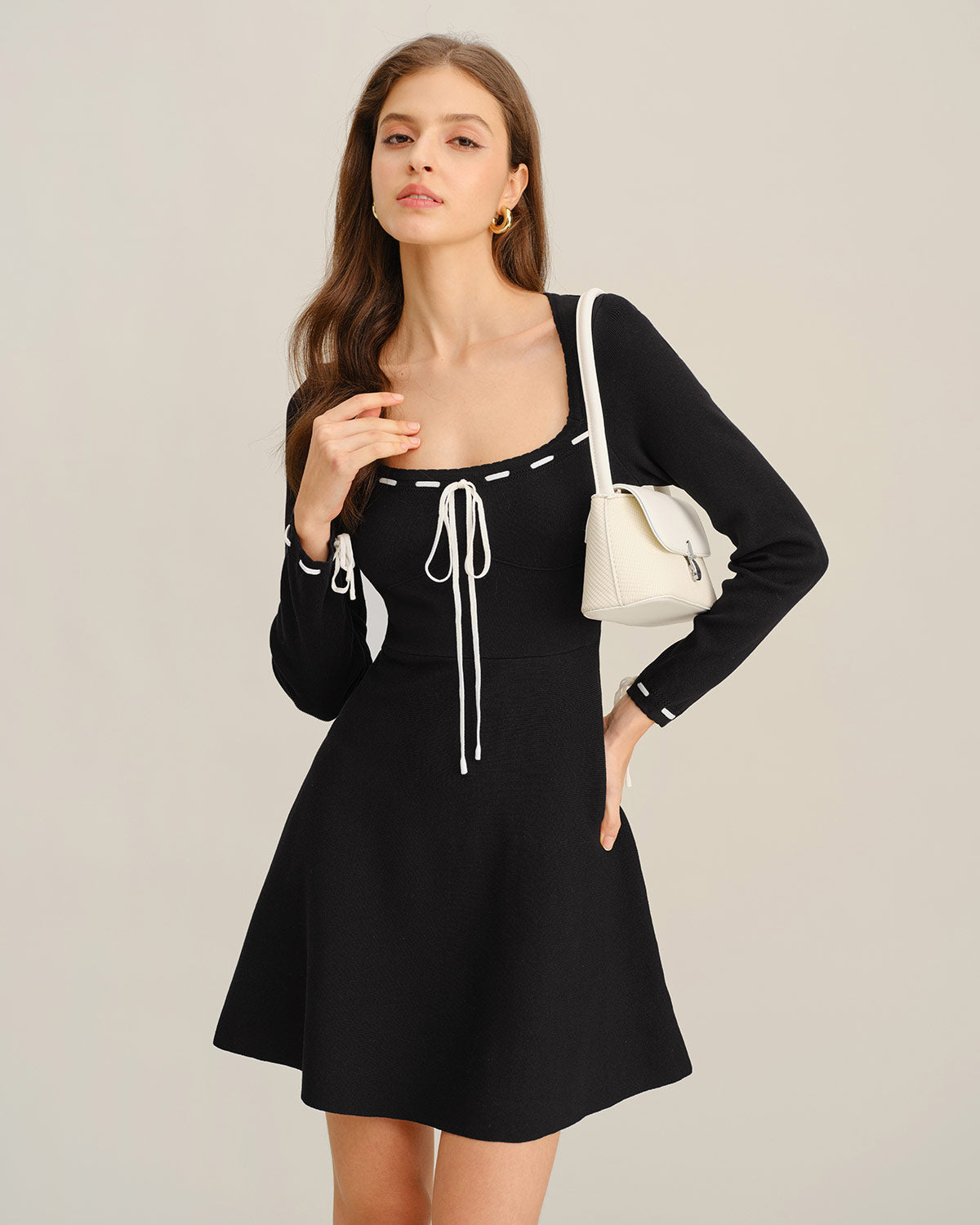 Vestido Suéter A-Line de Contraste Negro