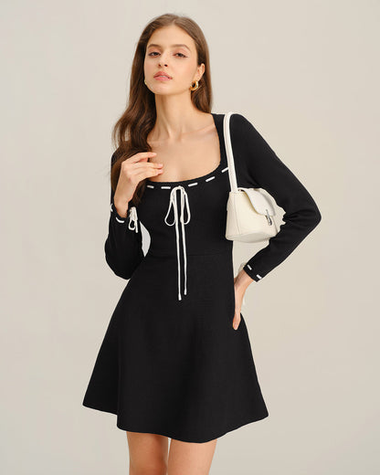Vestido Suéter A-Line de Contraste Negro