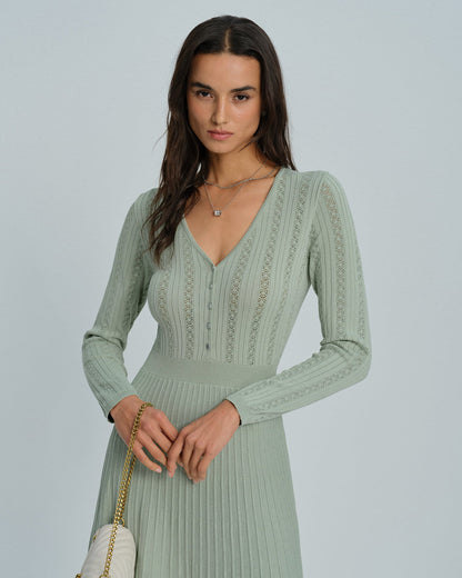 Vestido Suéter de Viscosa Verde con Cuello en V