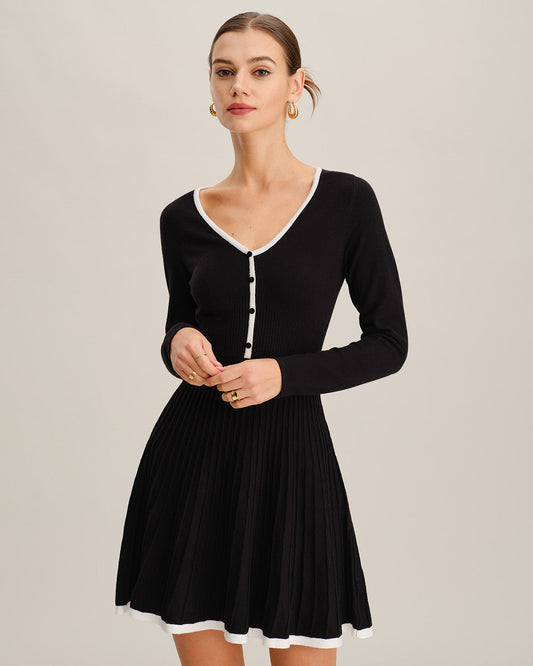 Vestido de Suéter con Botones y Cuello en V Negro con Contraste
