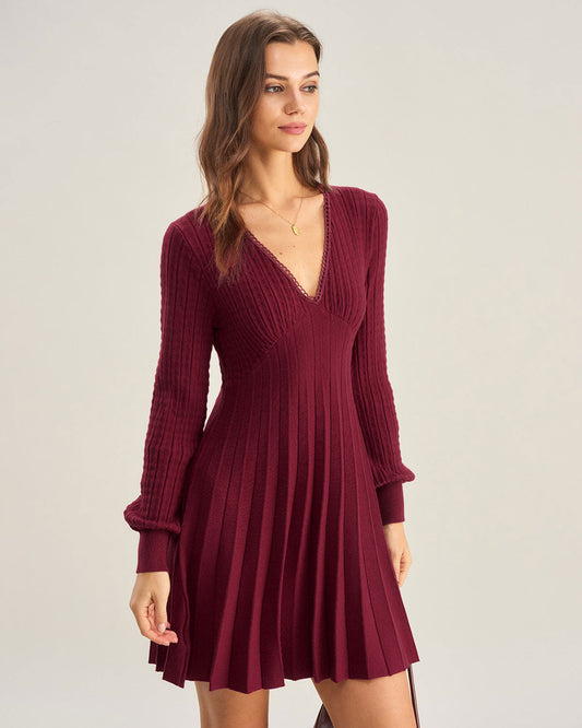 Vestido de Suéter A-Line de Cuello en V Color Rojo Vino